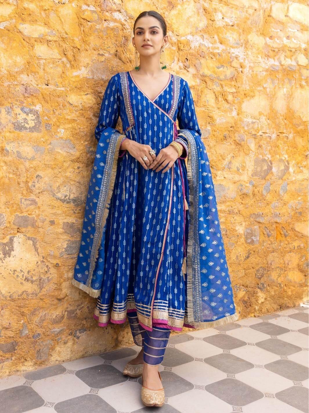 Royal Blue Zari Ethnic Angrakha Set with Embroidered Dupatta – Myaara