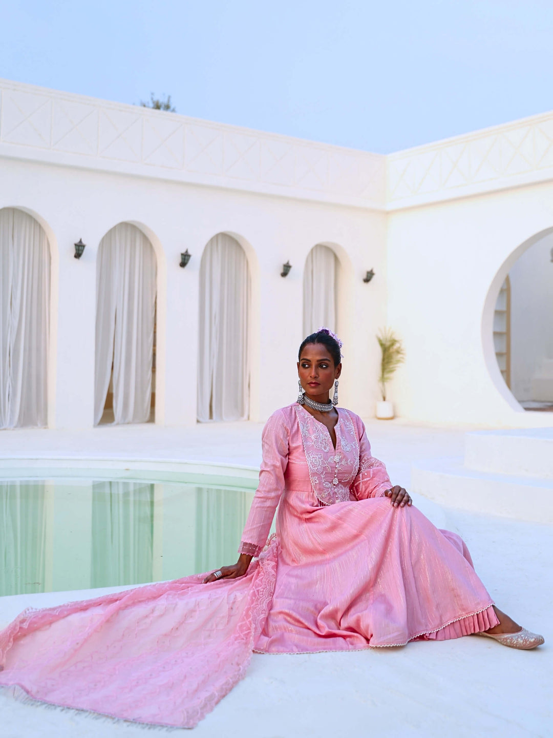 Soft Pink Embroidered Flared Anarkali Set with Organza Dupatta