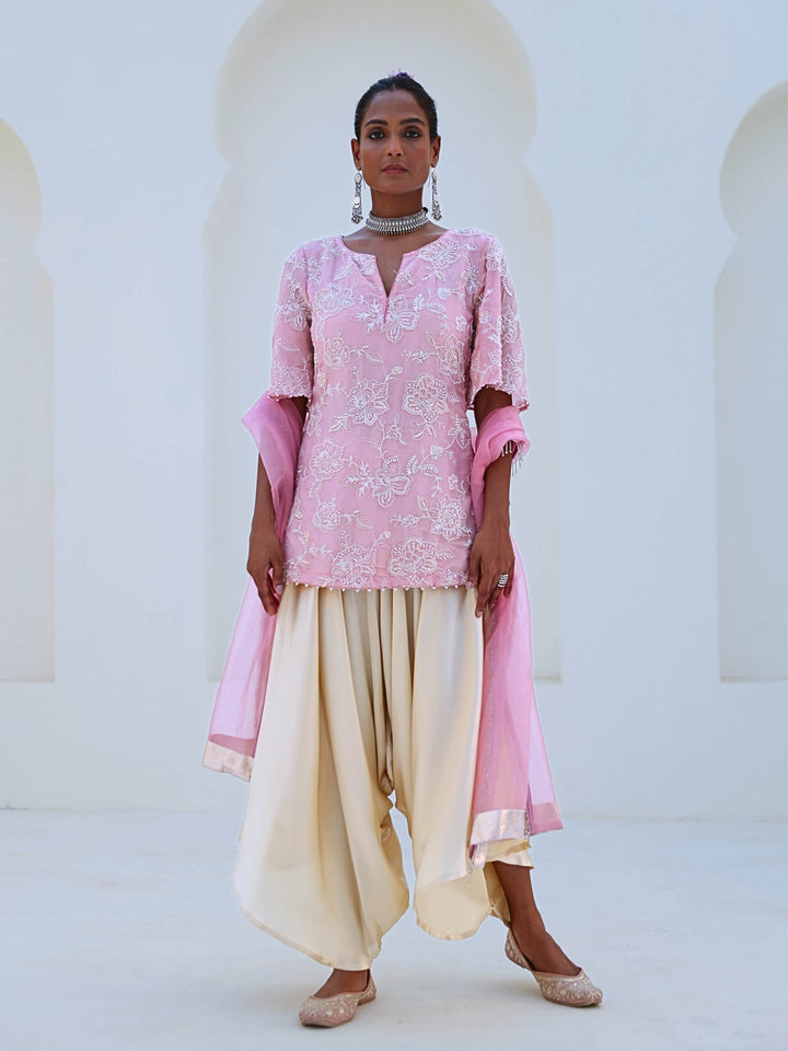 Soft Pink Embroidered Tissue Kurta Set with Organza Dupatta