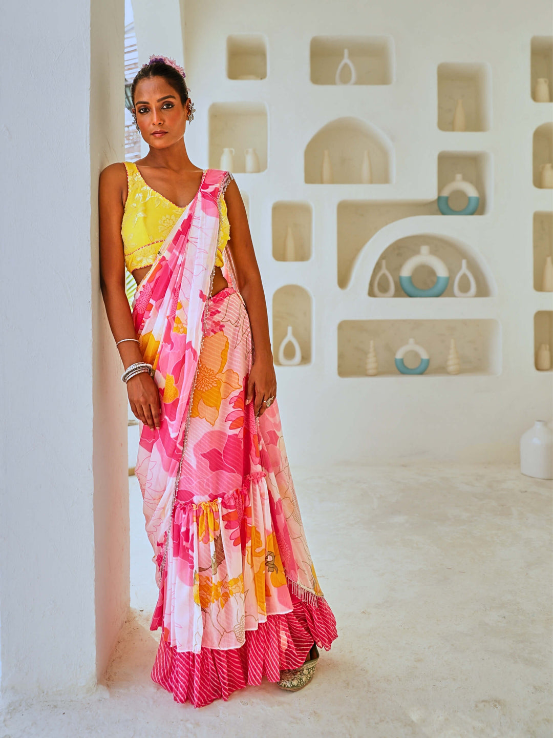 White & Pink Floral Chiffon Draped Saree with Embellished Blouse