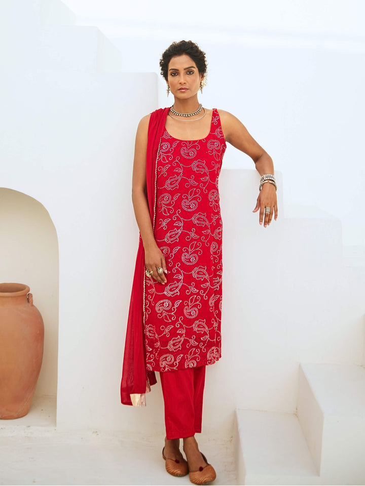 Scarlet Red Mukaish Georgette Kurta Set with Chiffon Dupatta