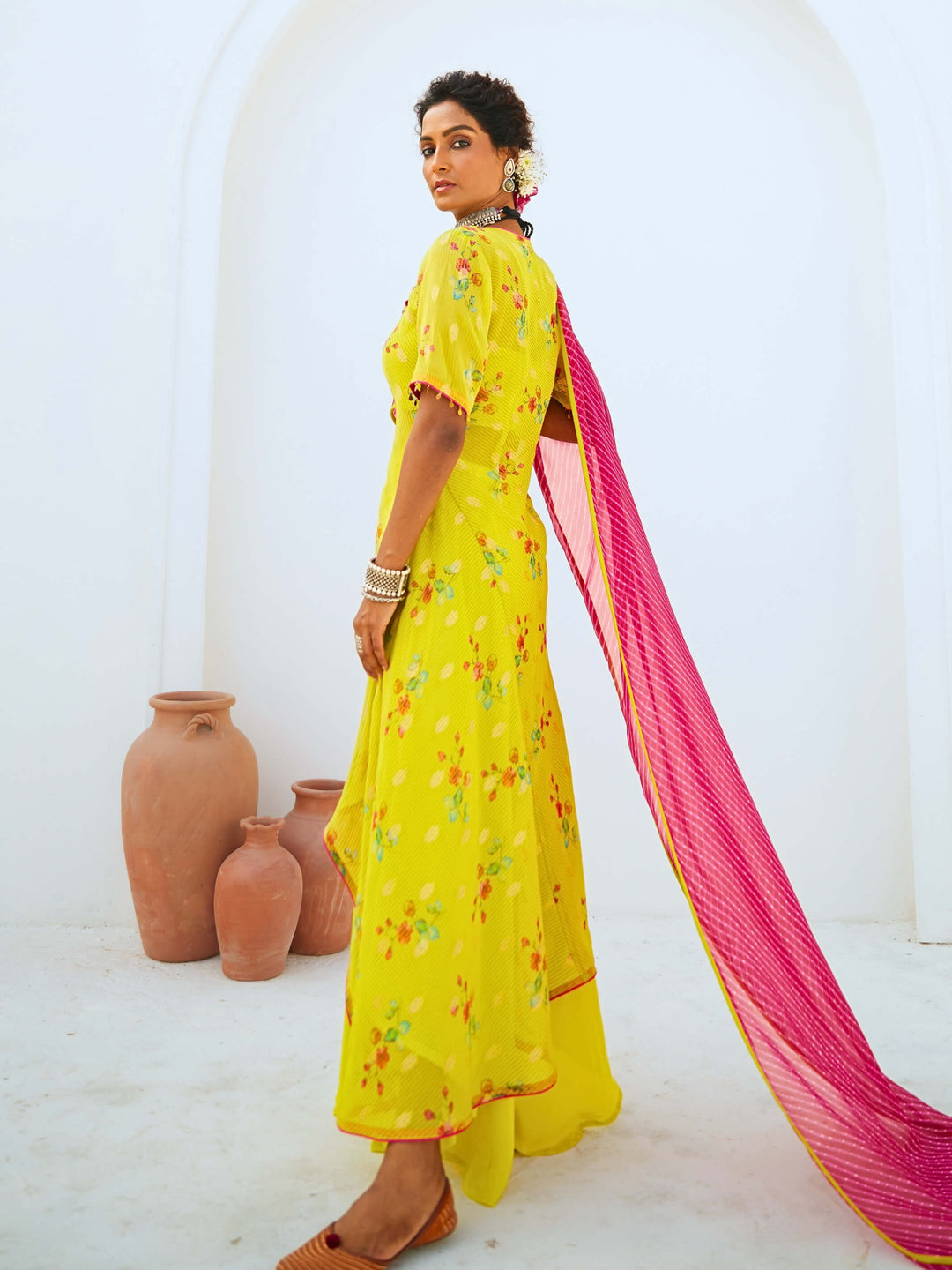 Lemon Green Tissue Chanderi Printed Fusion Set with Georgette Dupatta