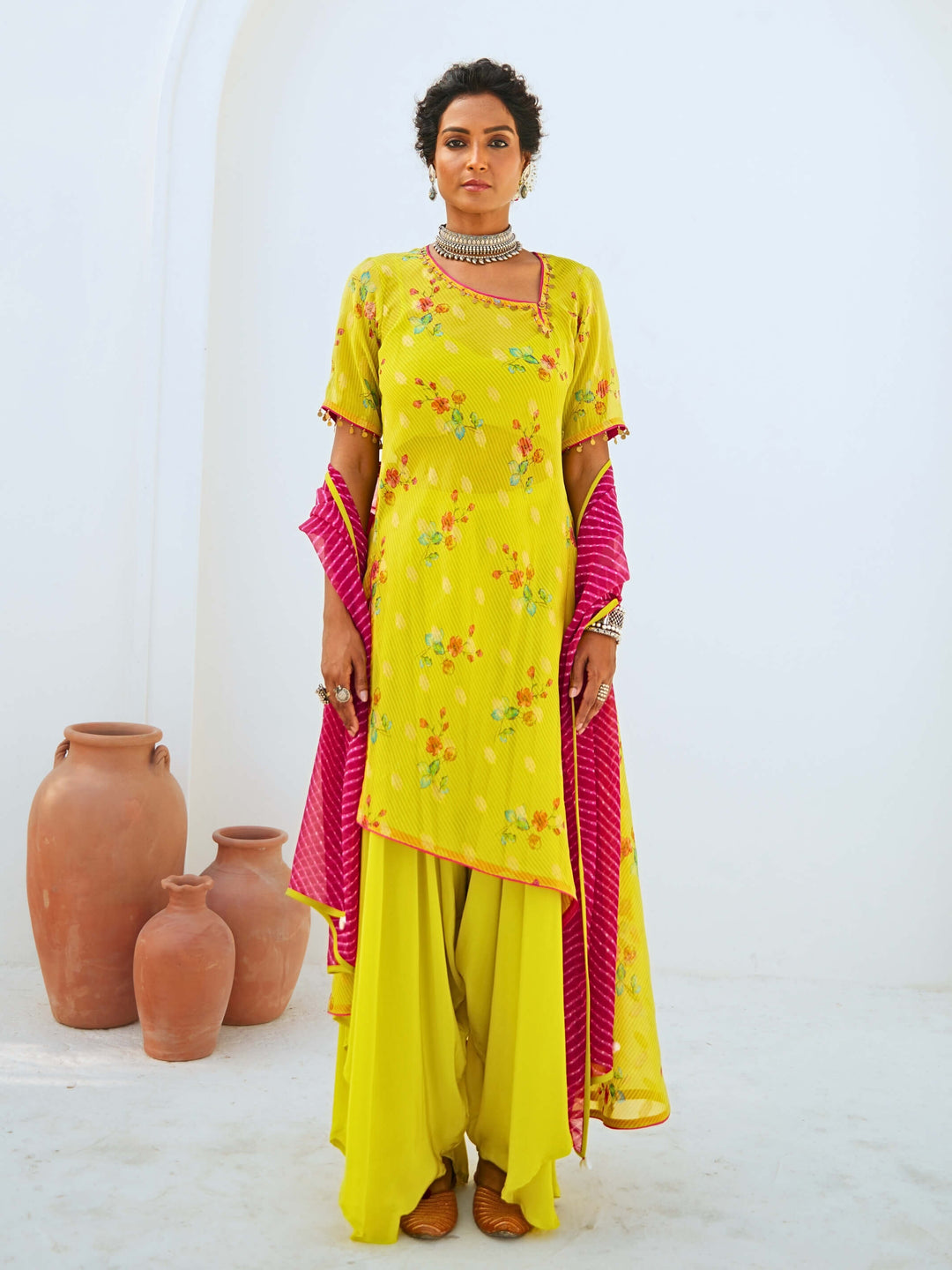 Lemon Green Tissue Chanderi Printed Fusion Set with Georgette Dupatta