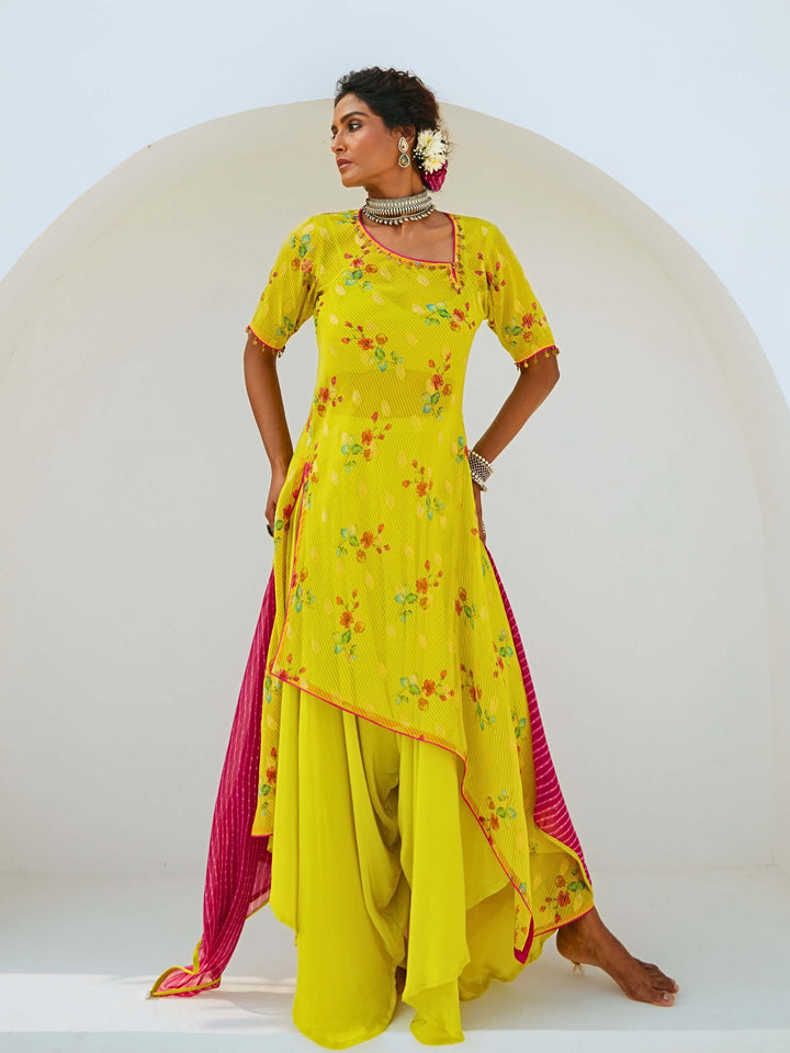 Lemon Green Tissue Chanderi Printed Fusion Set with Georgette Dupatta