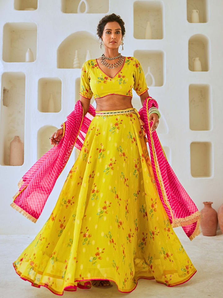 Lemon Green Tissue Chanderi Floral Lehenga Set with Leheriya Dupatta