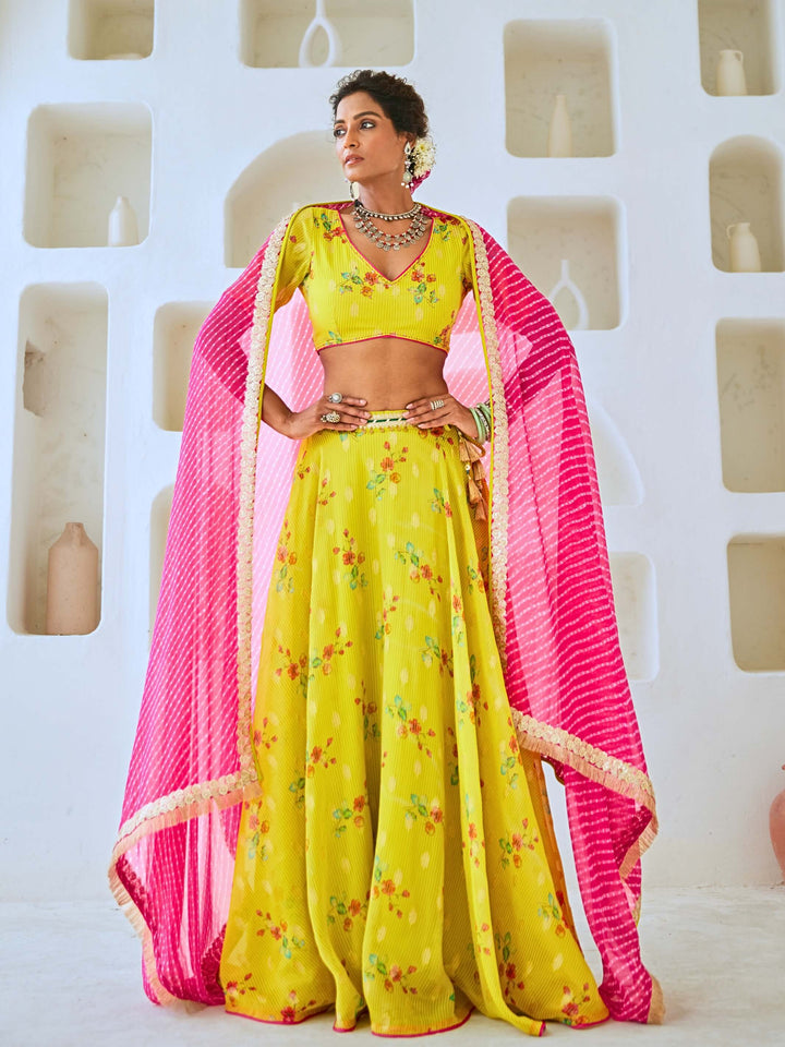 Lemon Green Tissue Chanderi Floral Lehenga Set with Leheriya Dupatta