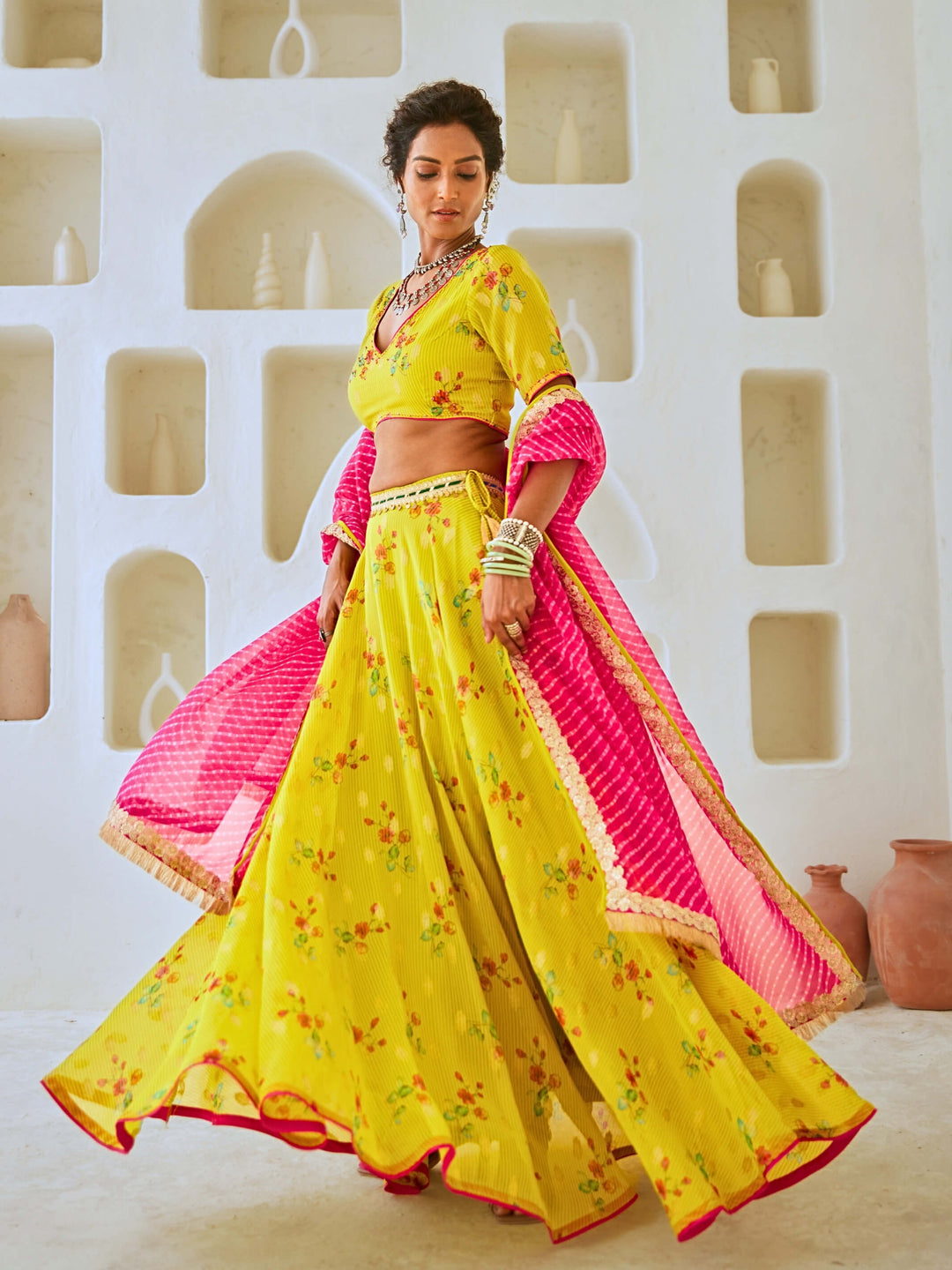 Lemon Green Tissue Chanderi Floral Lehenga Set with Leheriya Dupatta