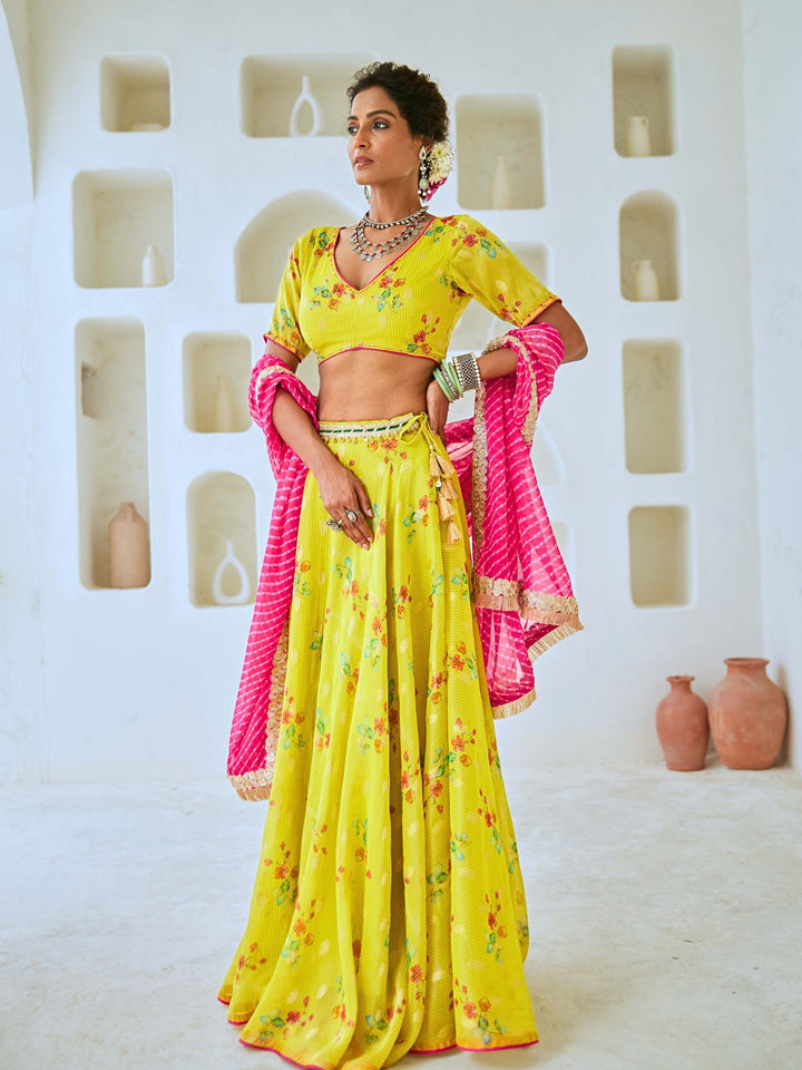 Lemon Green Tissue Chanderi Floral Lehenga Set with Leheriya Dupatta