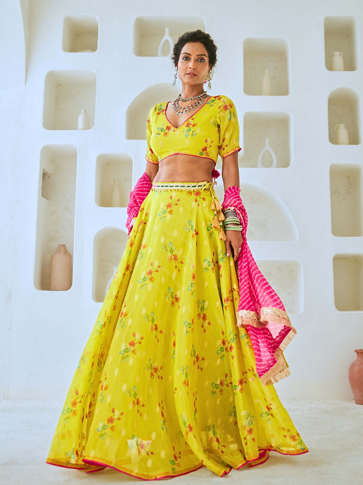 Lemon Green Tissue Chanderi Floral Lehenga Set with Leheriya Dupatta