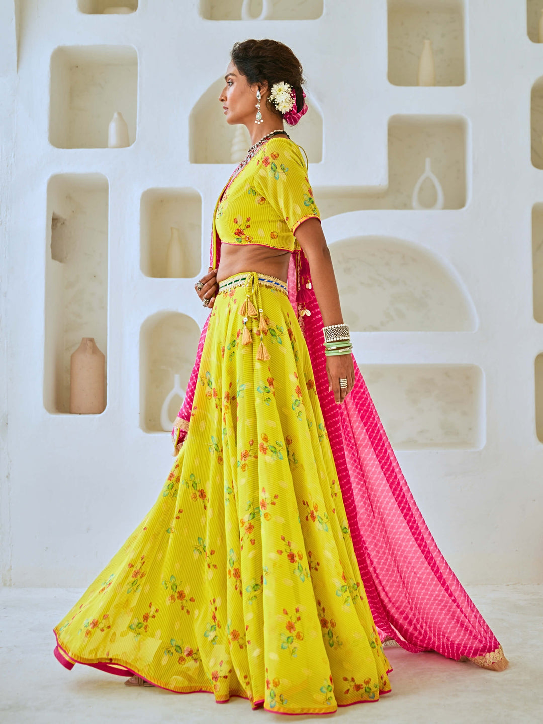 Lemon Green Tissue Chanderi Floral Lehenga Set with Leheriya Dupatta