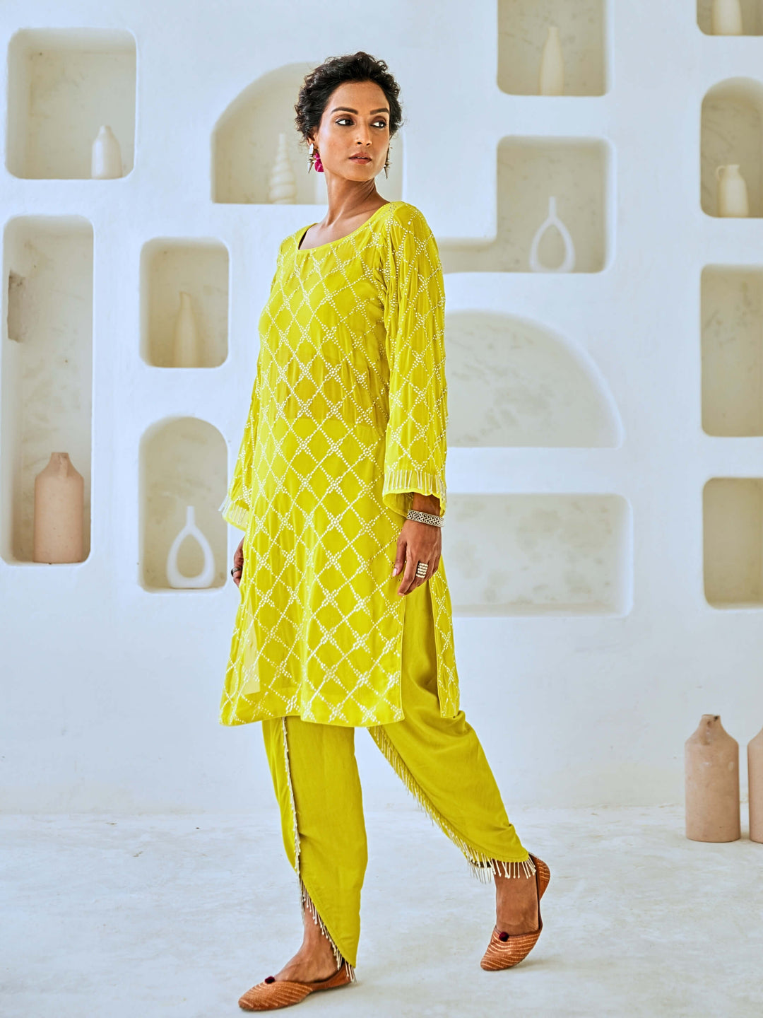 Lemon Green Mukaish Georgette Kurta Set with Organza Dupatta