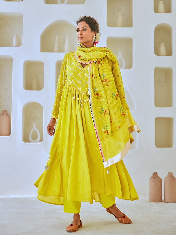 Lemon Green Flared Anarkali Set with Tissue Chanderi Dupatta