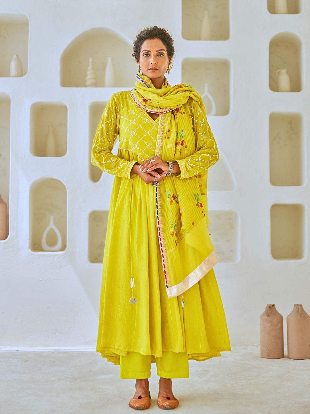 Lemon Green Flared Anarkali Set with Tissue Chanderi Dupatta