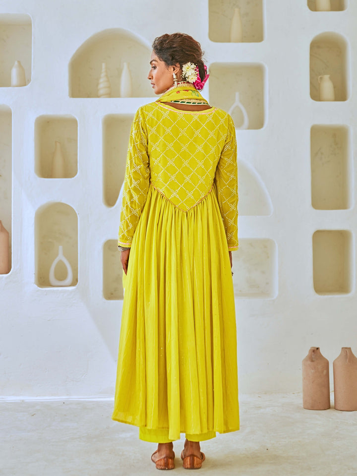 Lemon Green Flared Anarkali Set with Tissue Chanderi Dupatta