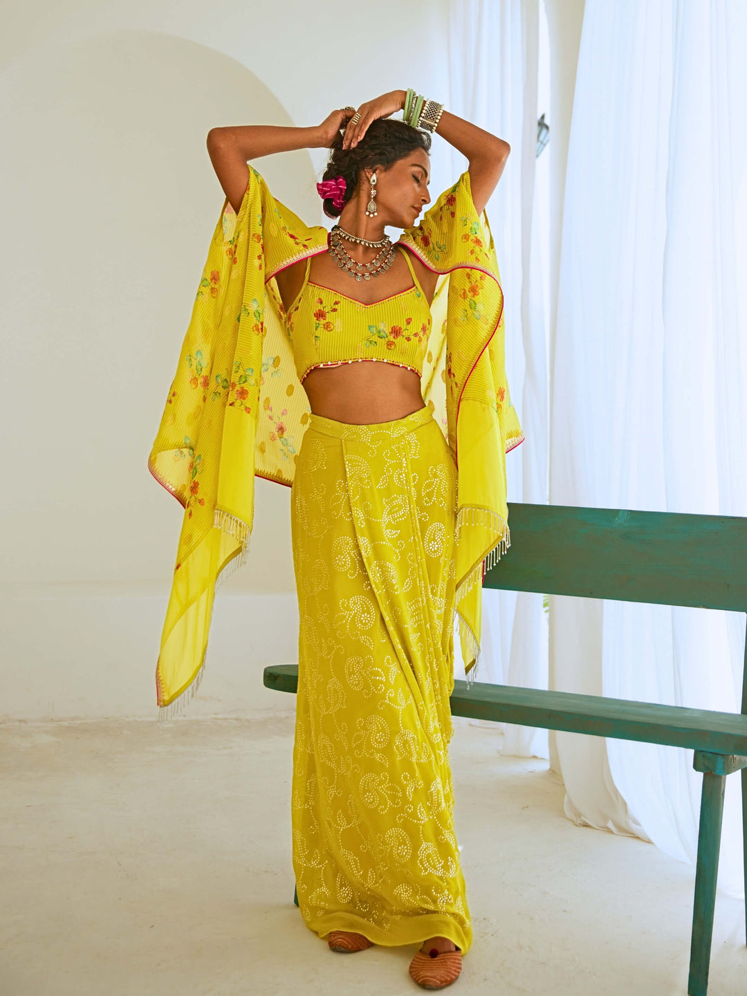 Lemon Green Fusion Set with Georgette Draped Skirt & Floral Cape