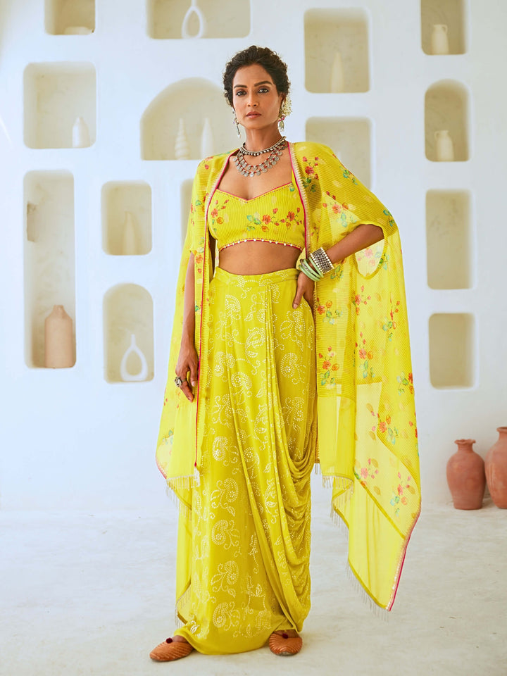 Lemon Green Fusion Set with Georgette Draped Skirt & Floral Cape