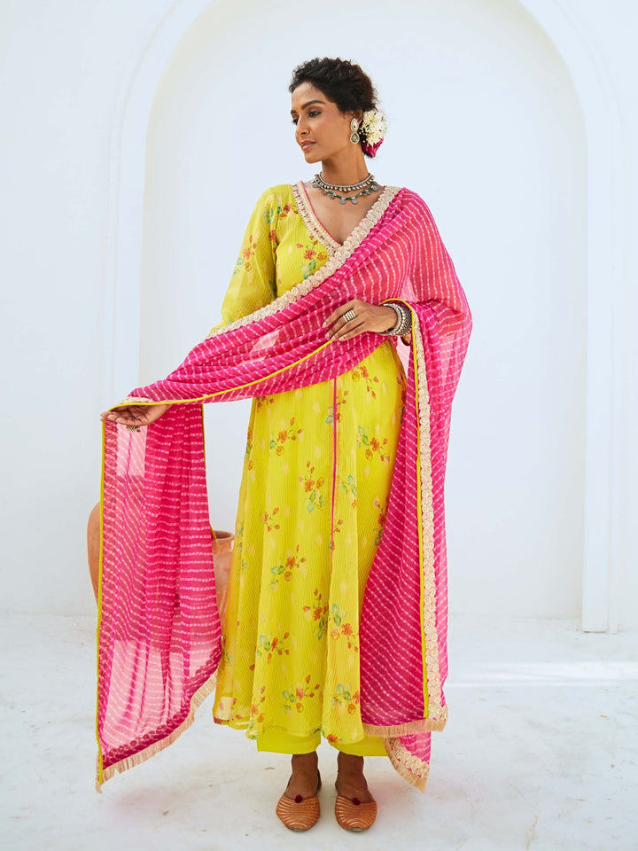 Lemon Green Tissue Chanderi Printed Kurta Set with Leheriya Dupatta