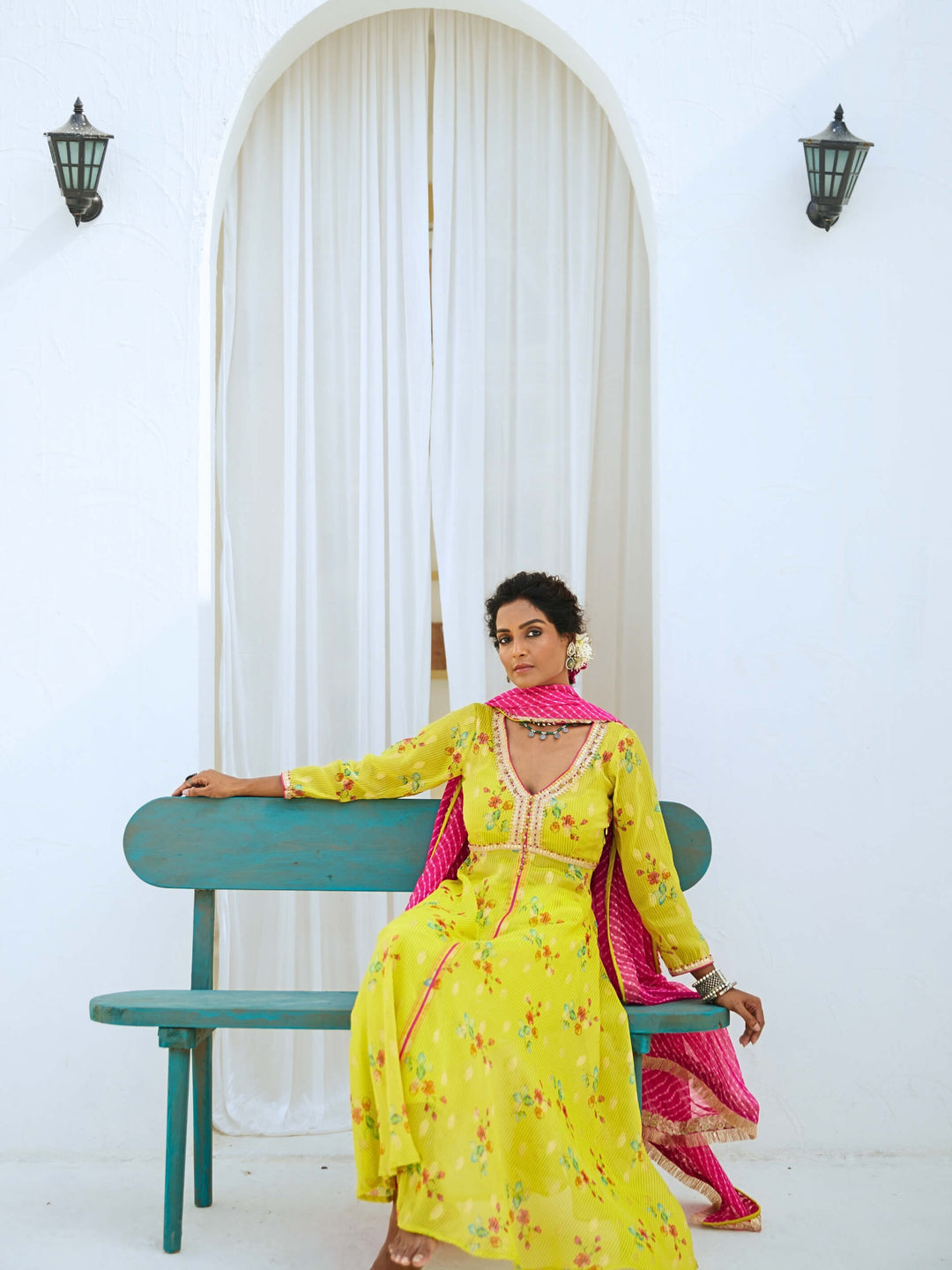 Lemon Green Tissue Chanderi Printed Kurta Set with Leheriya Dupatta