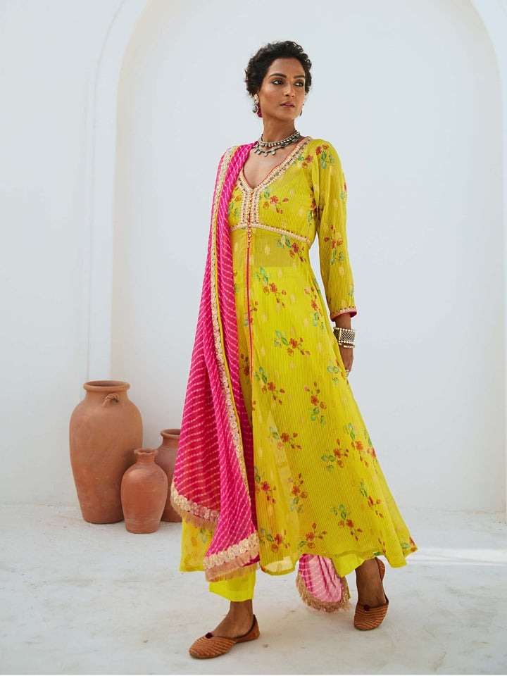 Lemon Green Tissue Chanderi Printed Kurta Set with Leheriya Dupatta